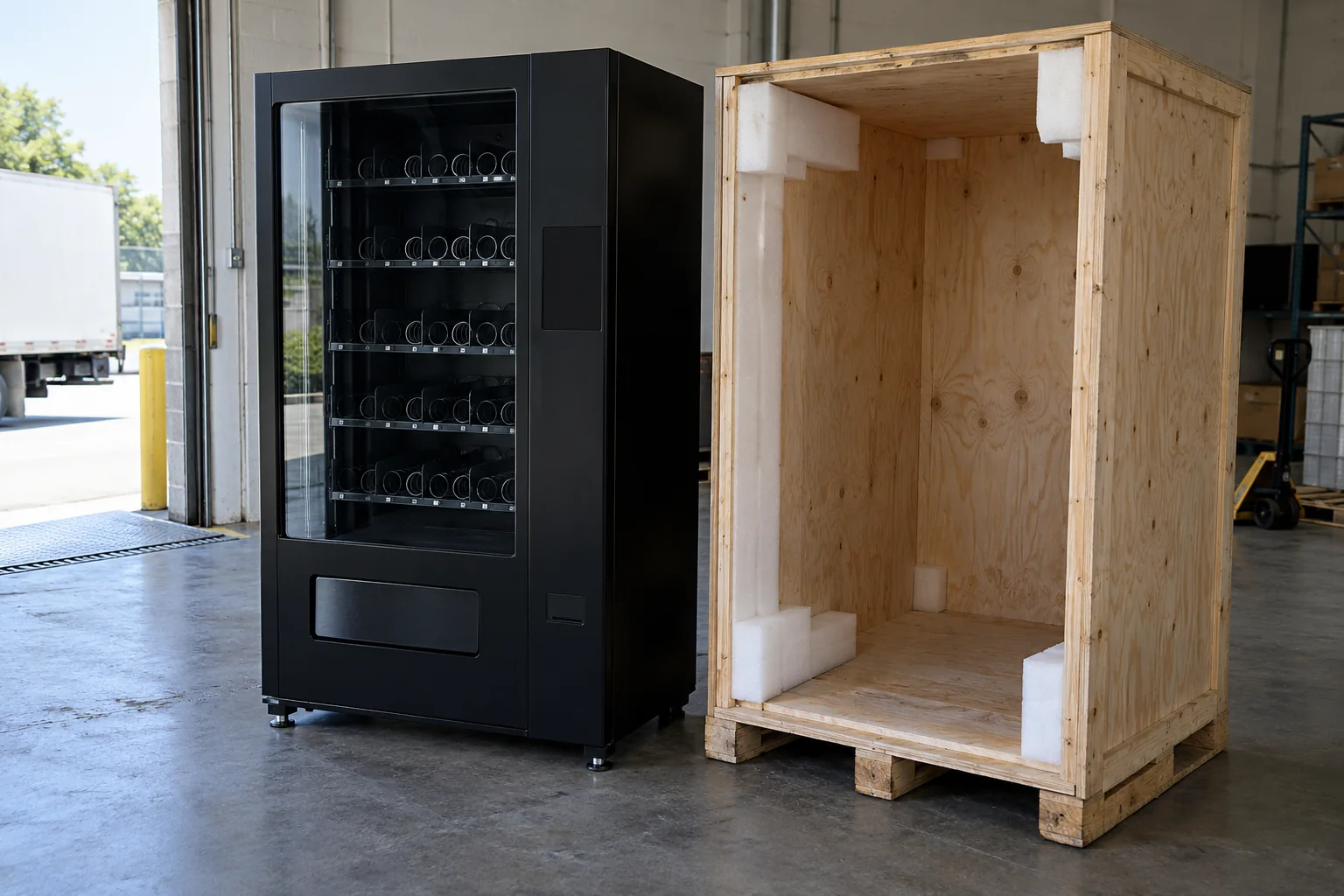 A plain vending cabinet next to an open wooden shipping crate and protective packing in a loading bay.