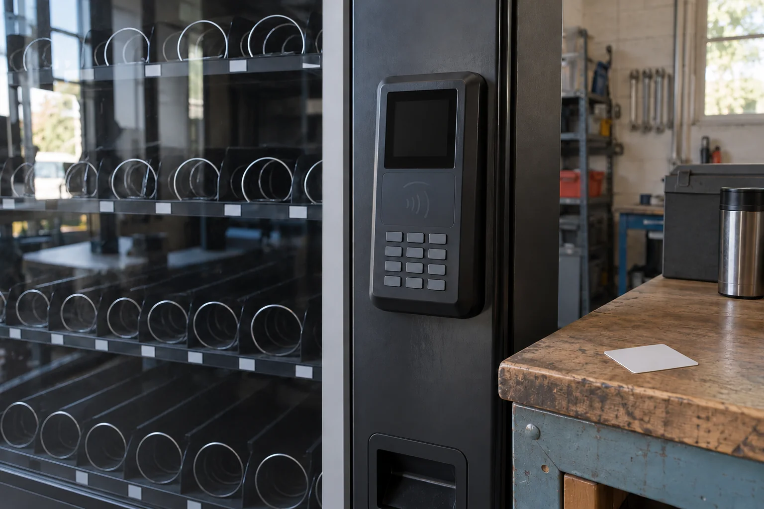 An unmarked payment terminal with a dark screen beside the glass front of a vending cabinet.