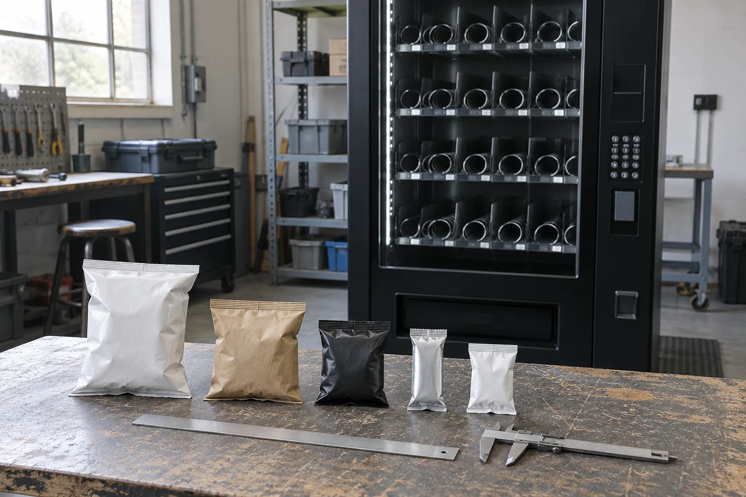 Plain packaged products and measuring tools on a workbench beside a glass-front vending cabinet.