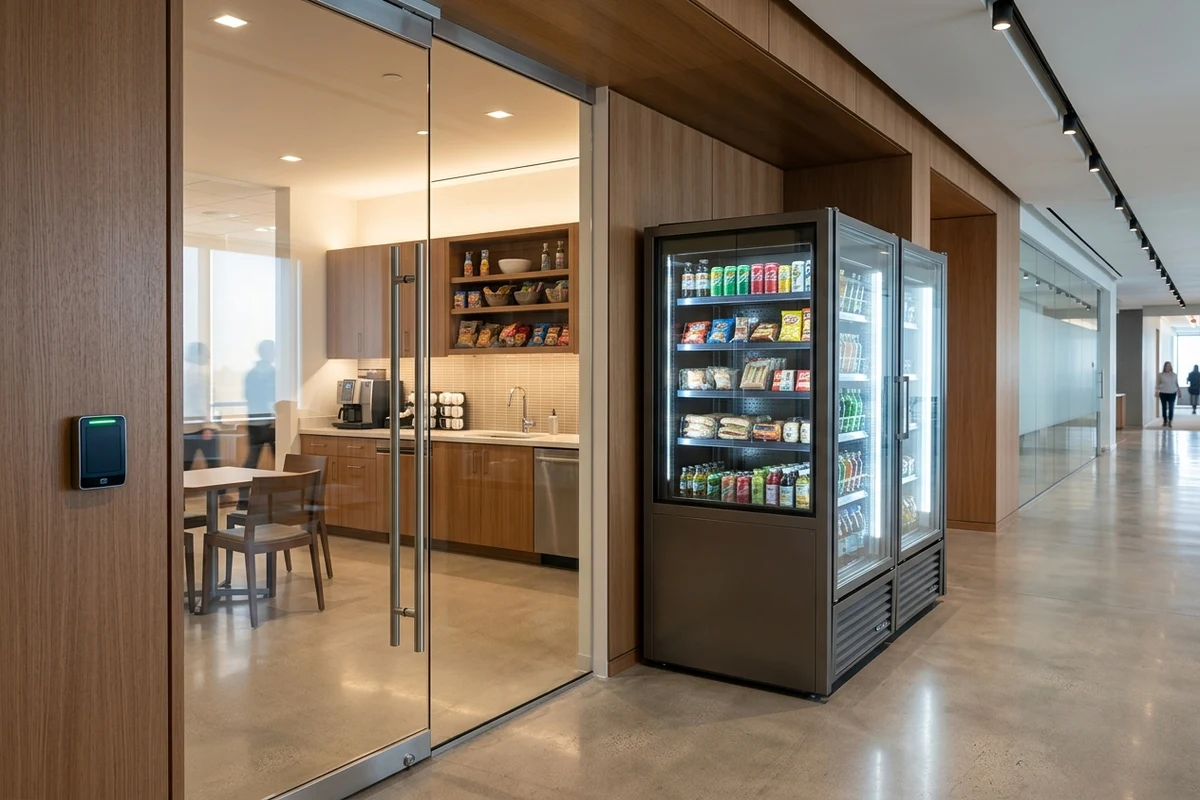 Badge-controlled indoor workplace breakroom entrance beside corridor glass-door refrigerated display coolers