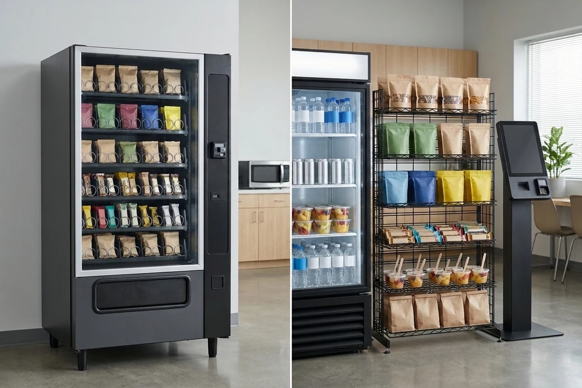 Locked glass-front vending machine delivery chute and card terminal beside open breakroom snack shelves