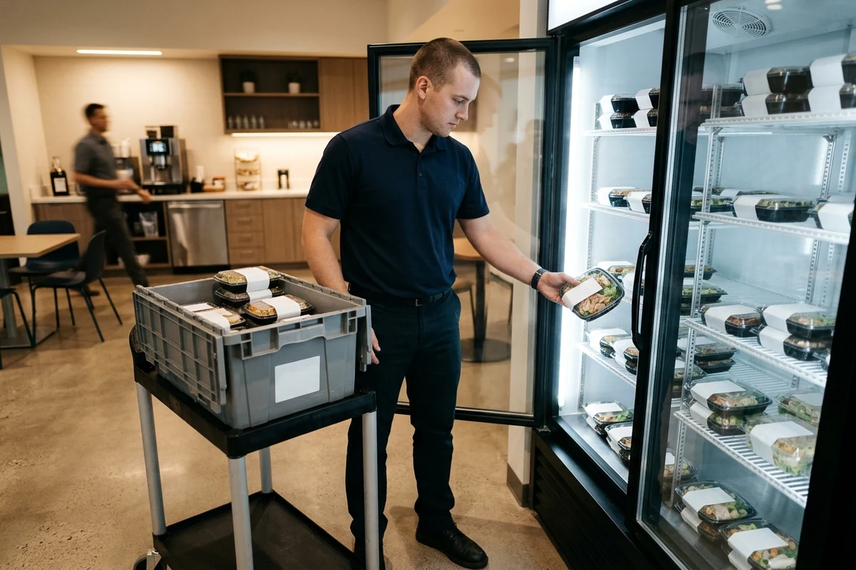 Technician inspecting sealed prepackaged food containers inside a commercial glass-door cooler