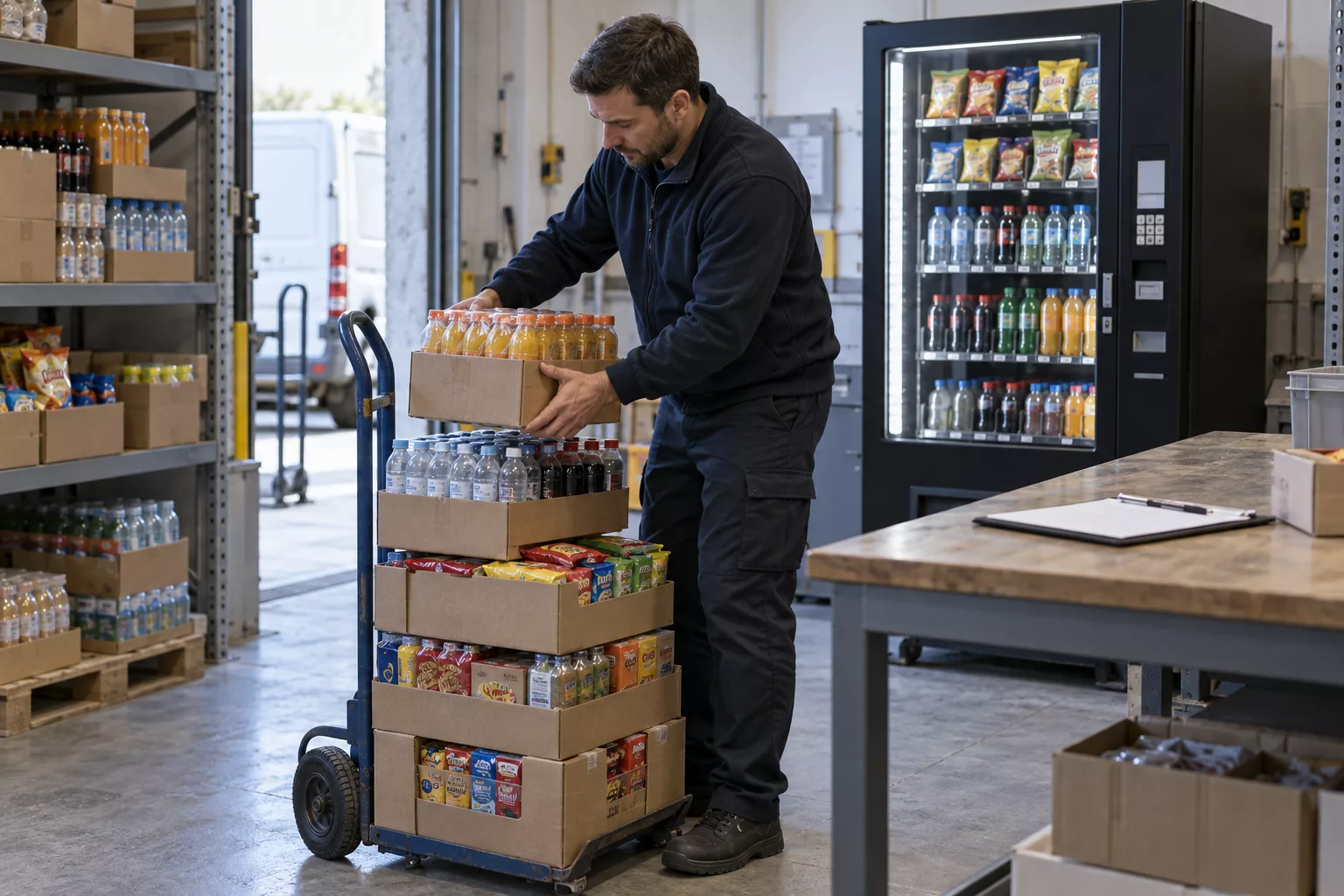 Operator with a loaded hand trolley and route clipboard