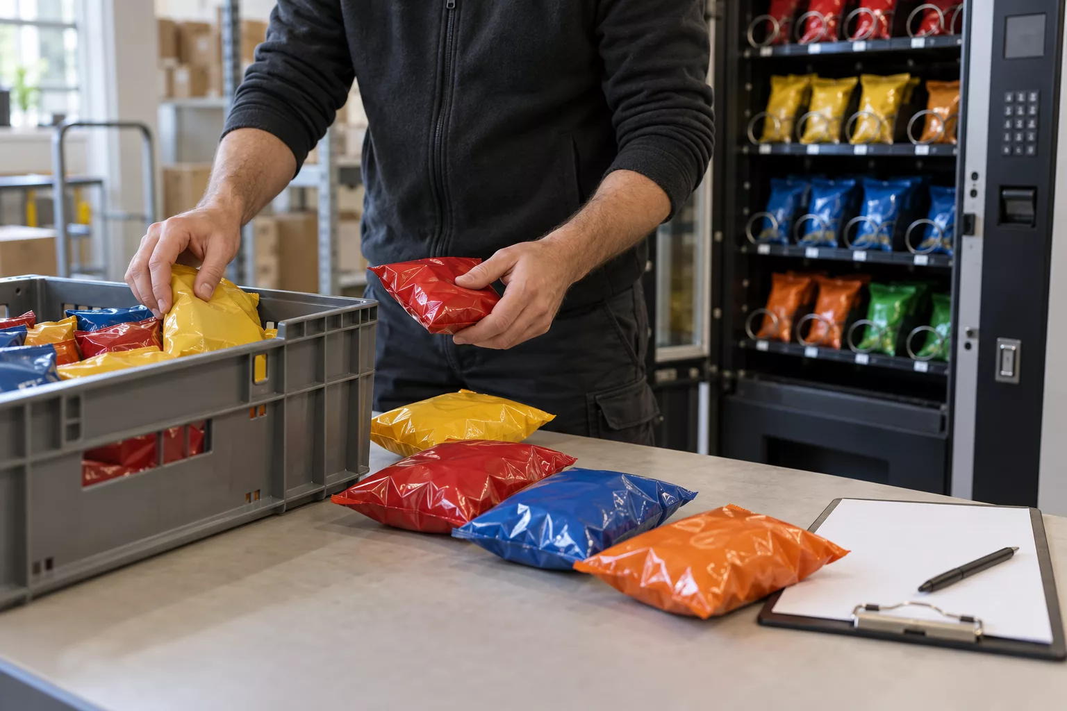 Hands sorting packaged snacks beside a stock crate