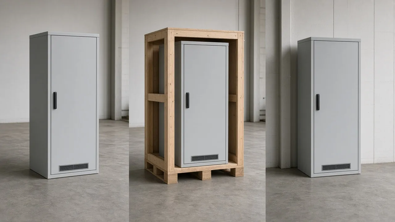 Three views of a plain unlabeled cabinet: the bare cabinet, the same cabinet inside a larger wooden crate on a pallet, and the cabinet standing in place.
