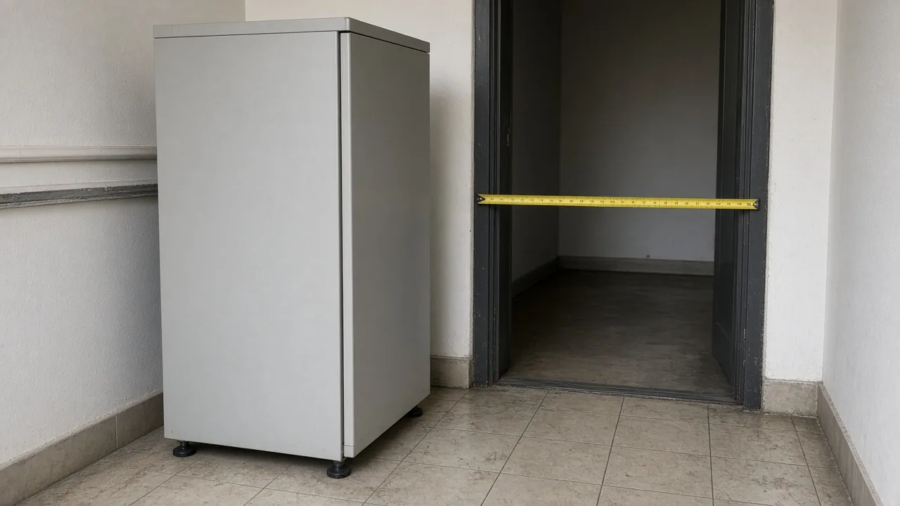 A plain unlabeled cabinet standing beside a commercial doorway, with a tape measure stretched across the clear opening.