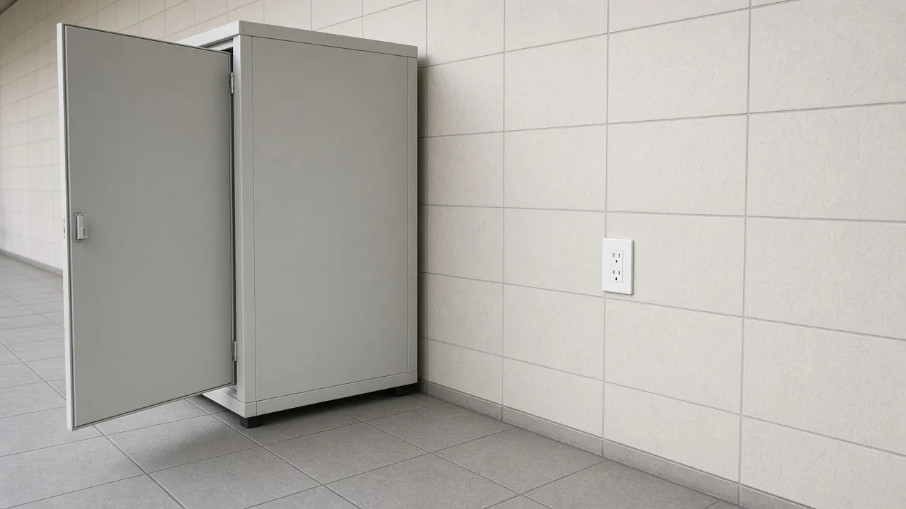 A plain unlabeled cabinet with its door open into a hallway, and a wall outlet on the wall beside it.