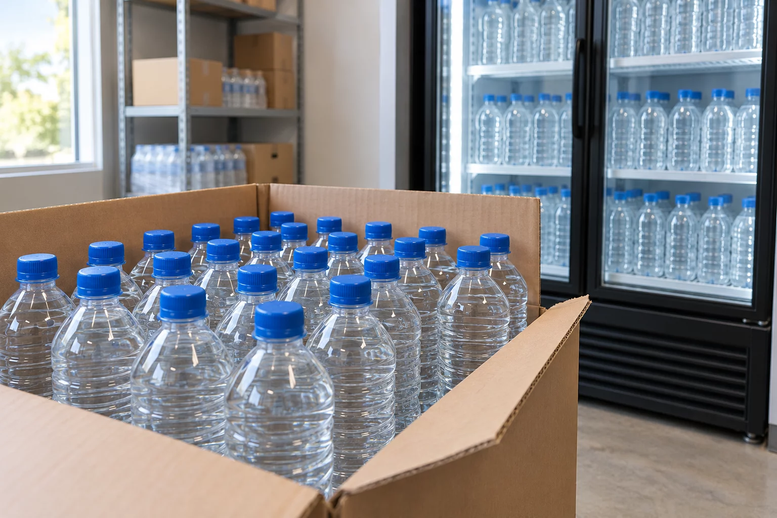 Carton of sealed water bottles in front of a glass-door refrigerated cabinet