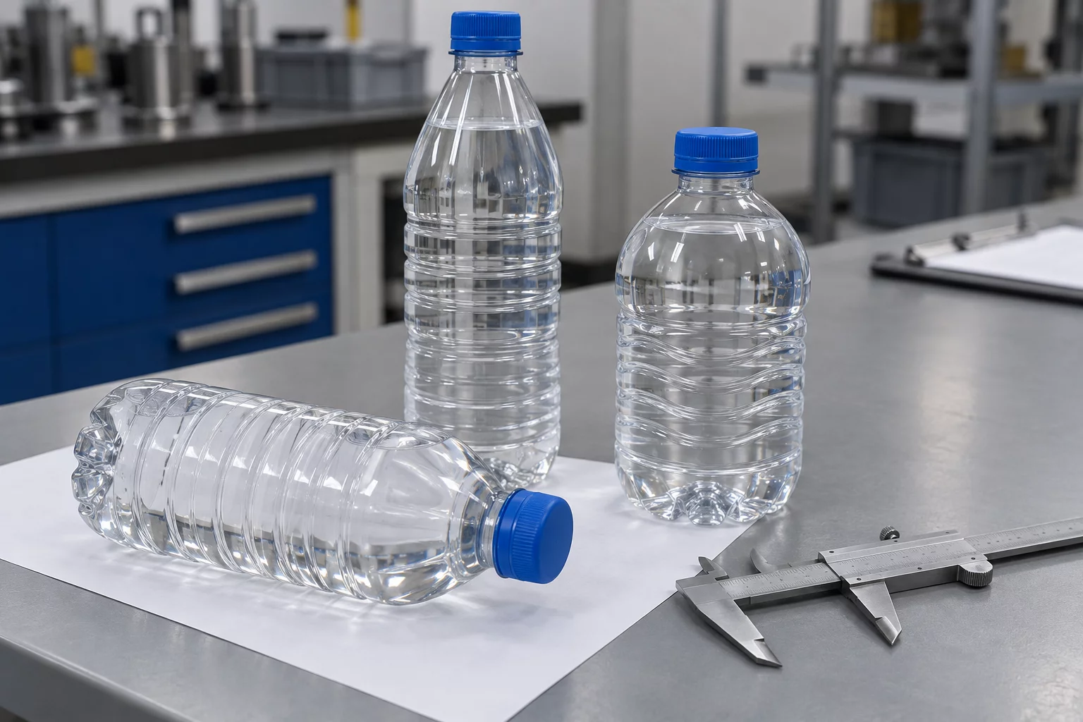 Three differently shaped capped water bottles and a caliper on an inspection bench