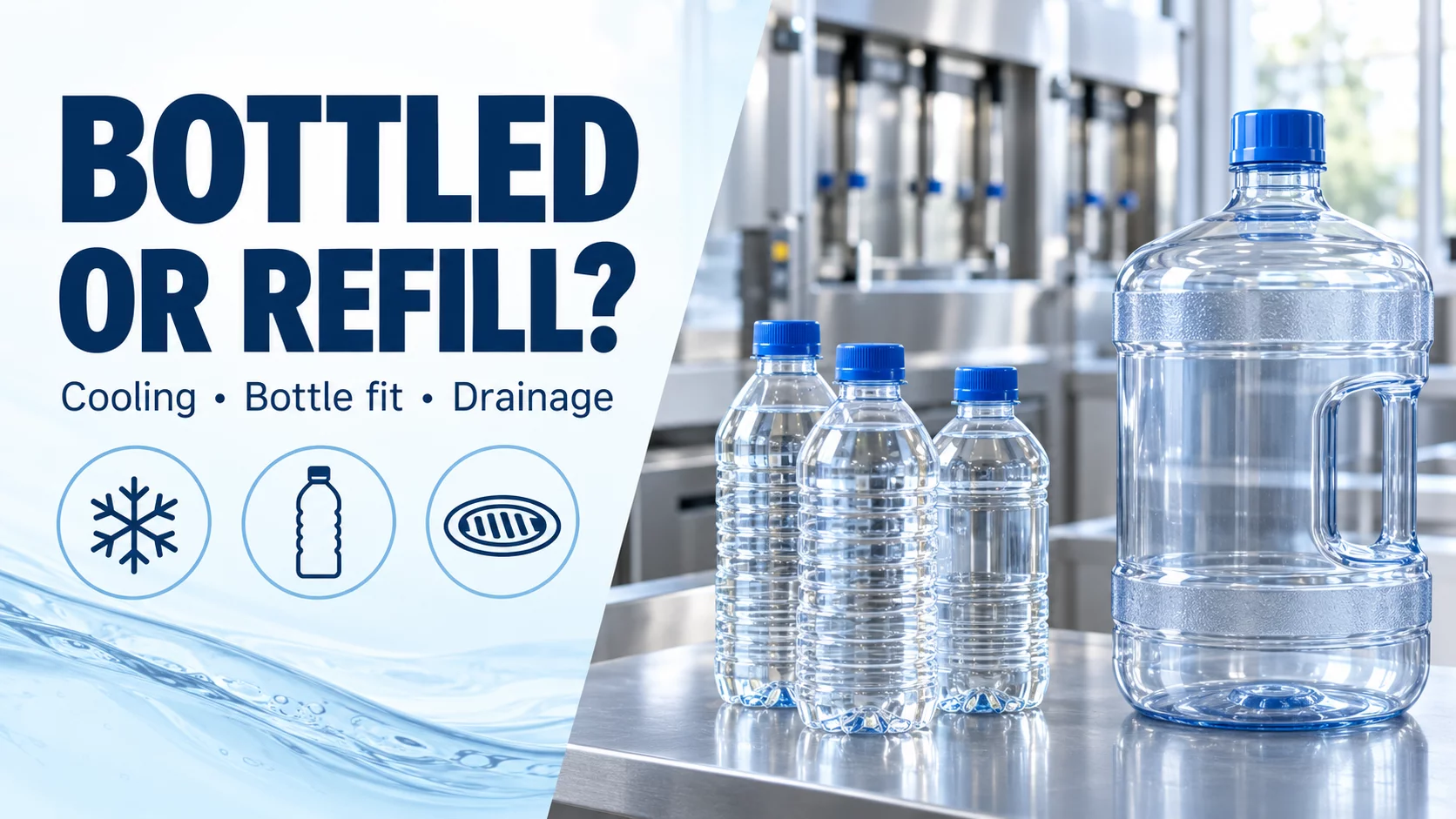 Bottled or refill comparison cover with water bottles, a reusable jug and cooling, bottle-fit and drainage icons