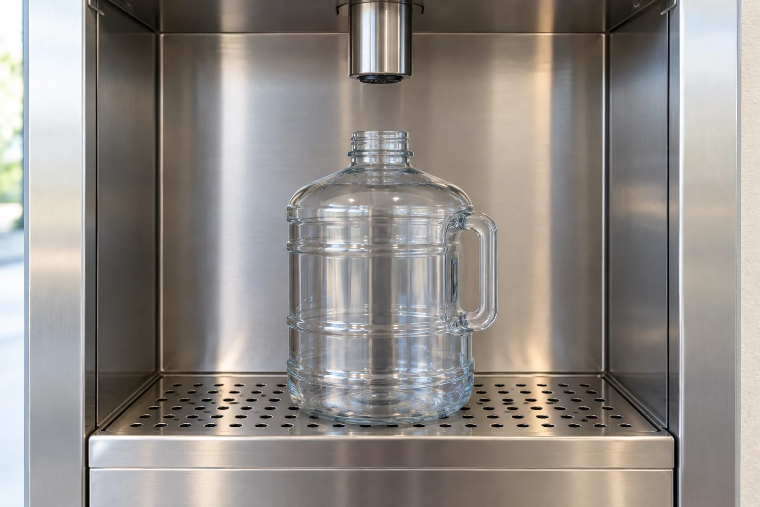 Uncapped reusable jug beneath an outlet in a stainless refill bay with a perforated drip tray