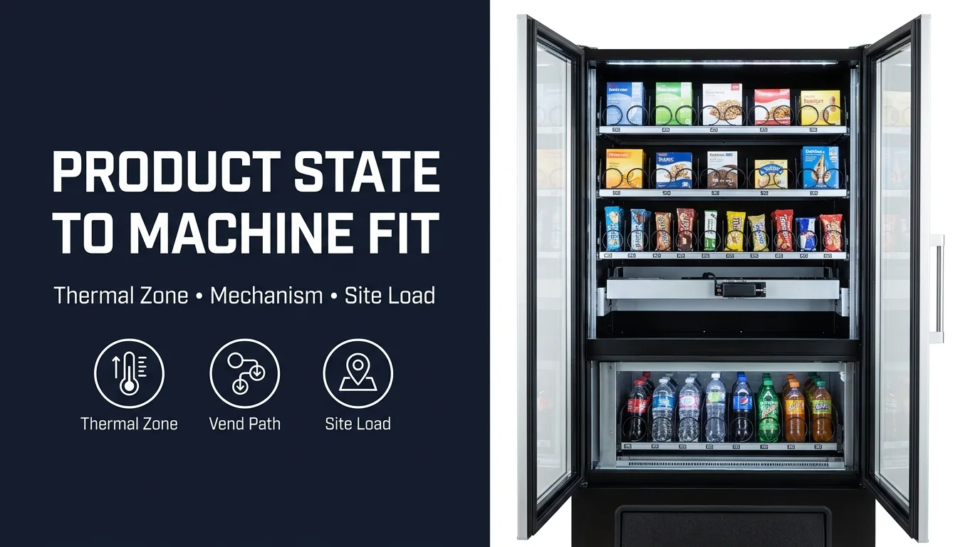 B2B technical infographic banner showing product state to vending machine fit across thermal zone, vend path, and site load alongside an open multi-tier commercial vending machine interior