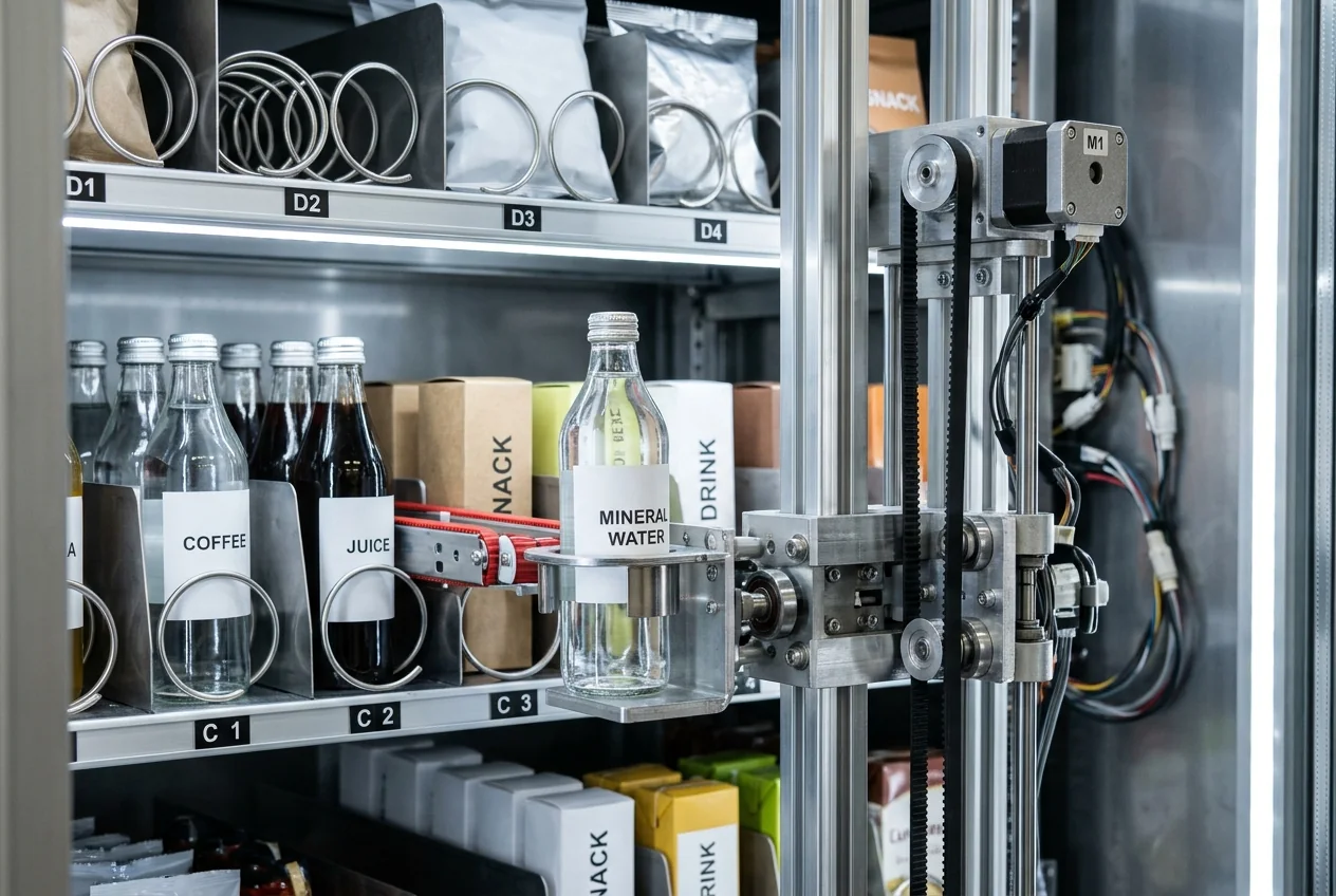 Close-up inside a commercial glass-front vending machine showing a motorized belt-driven X-Y elevator delivery cup holding a glass mineral water bottle in front of pusher lanes and below upper metal helix coils
