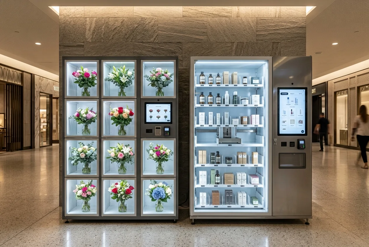 Side-by-side refrigerated compartment-locker flower vending machine holding fresh bouquets and ambient glass-front cosmetic vending machine installed against an interior stone lobby wall away from exterior sunlight