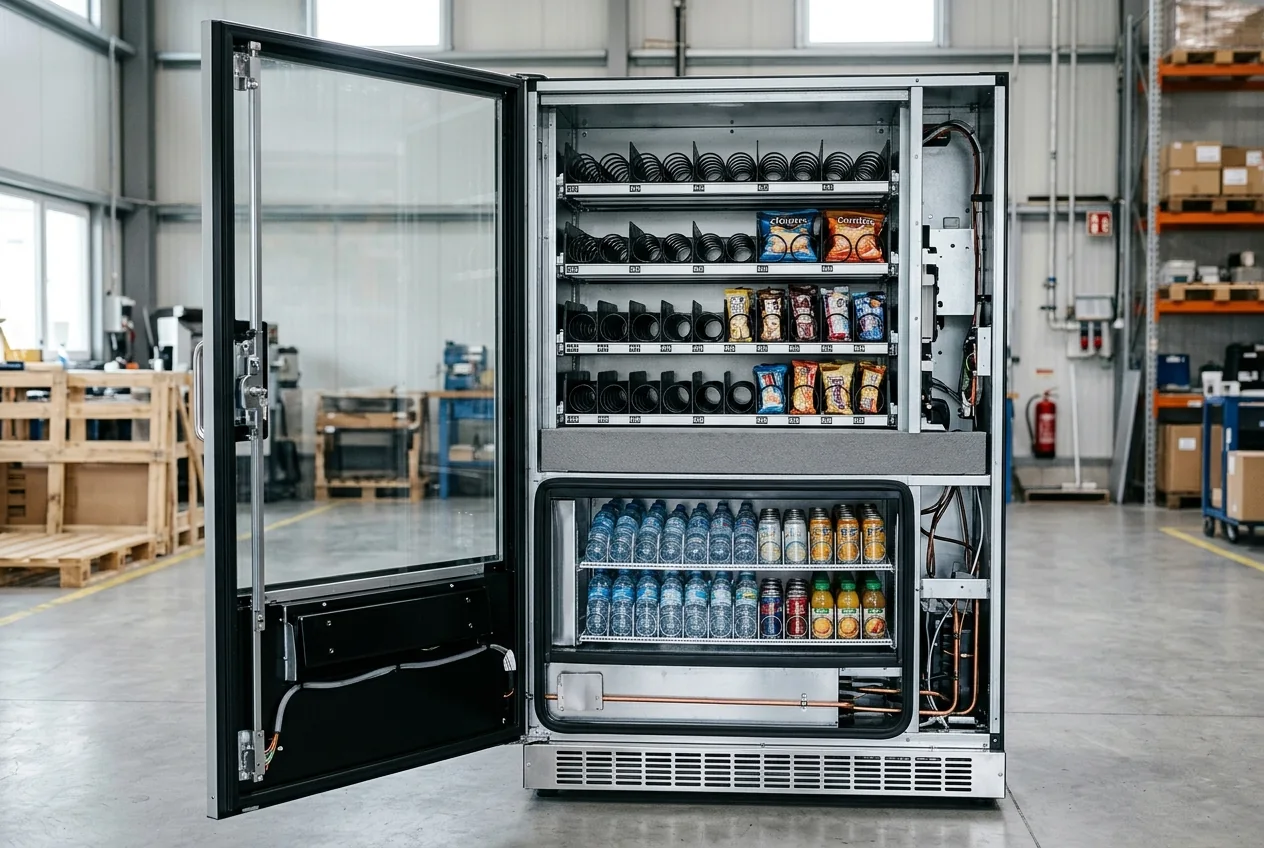 Open dual-zone commercial combination vending machine in a staging bay showing upper ambient snack helix shelves separated by a solid insulated partition from the lower refrigerated beverage compartment and door gasket