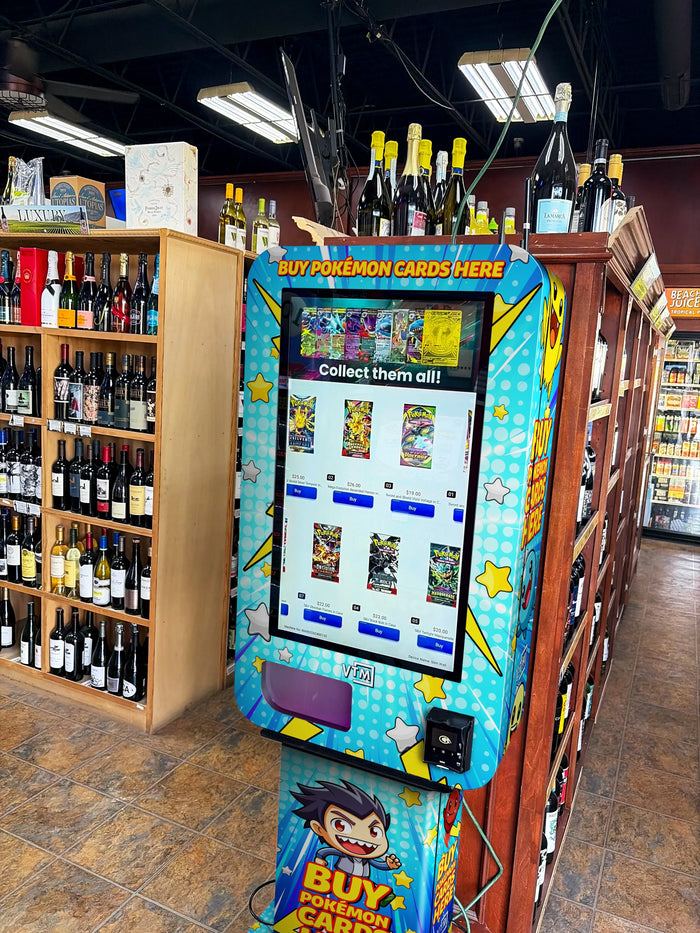Freestanding Pokémon trading card vending kiosk on a display stand