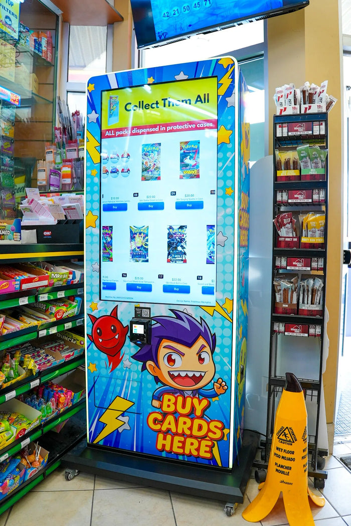 Pokémon trading card kiosk beside retail shelves