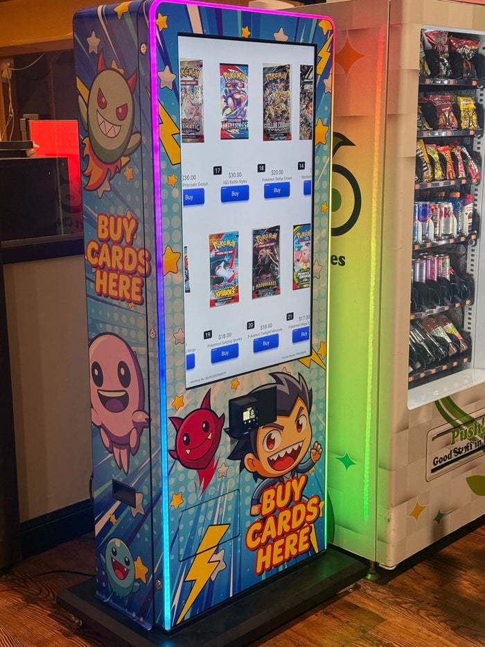 Pokémon trading card vending tower with illustrated wrap in a retail store