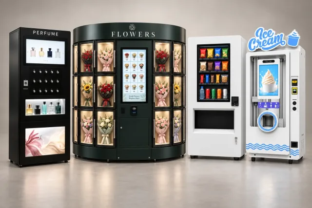 AI-generated lineup of perfume, flower, snack and drink, and ice cream vending machines in a studio setting